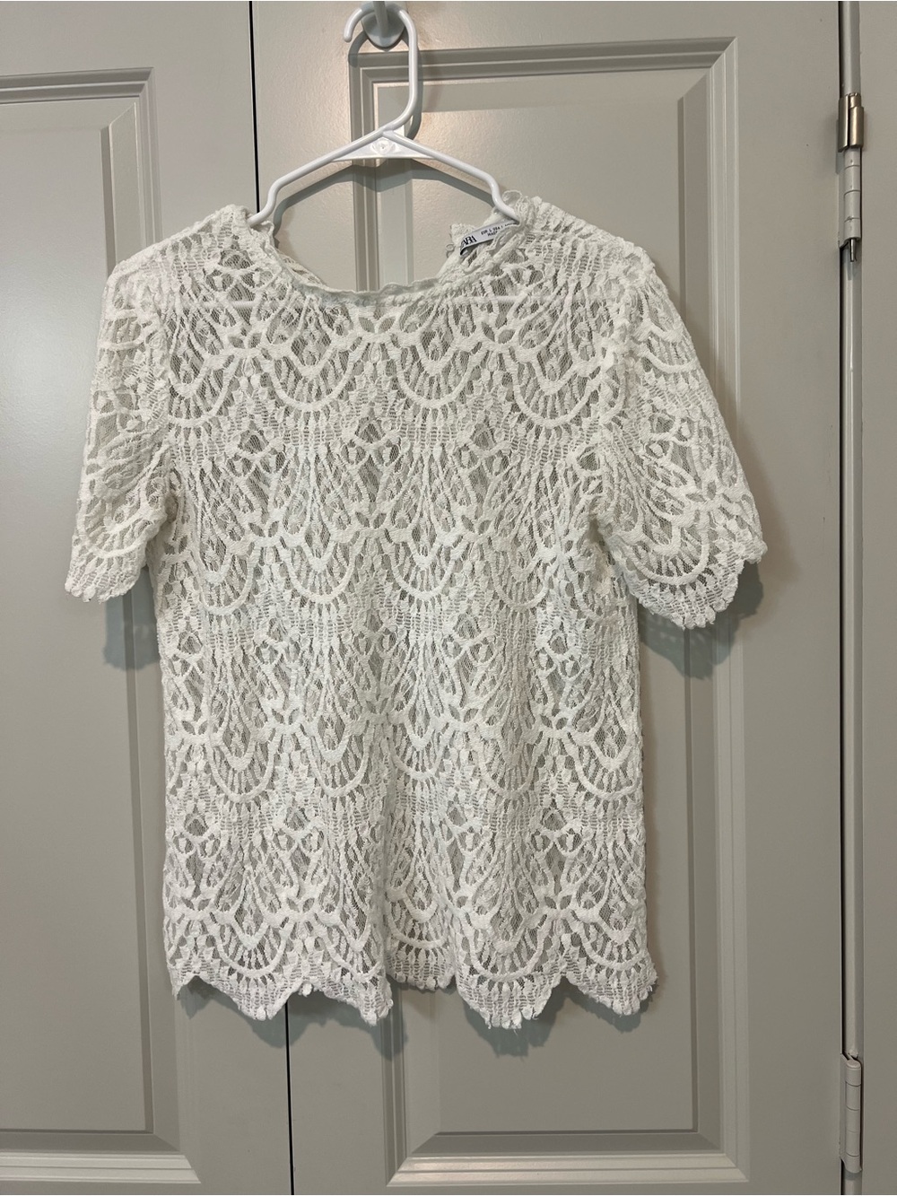 Zara White Crochet Lace Short Sleeve Blouse